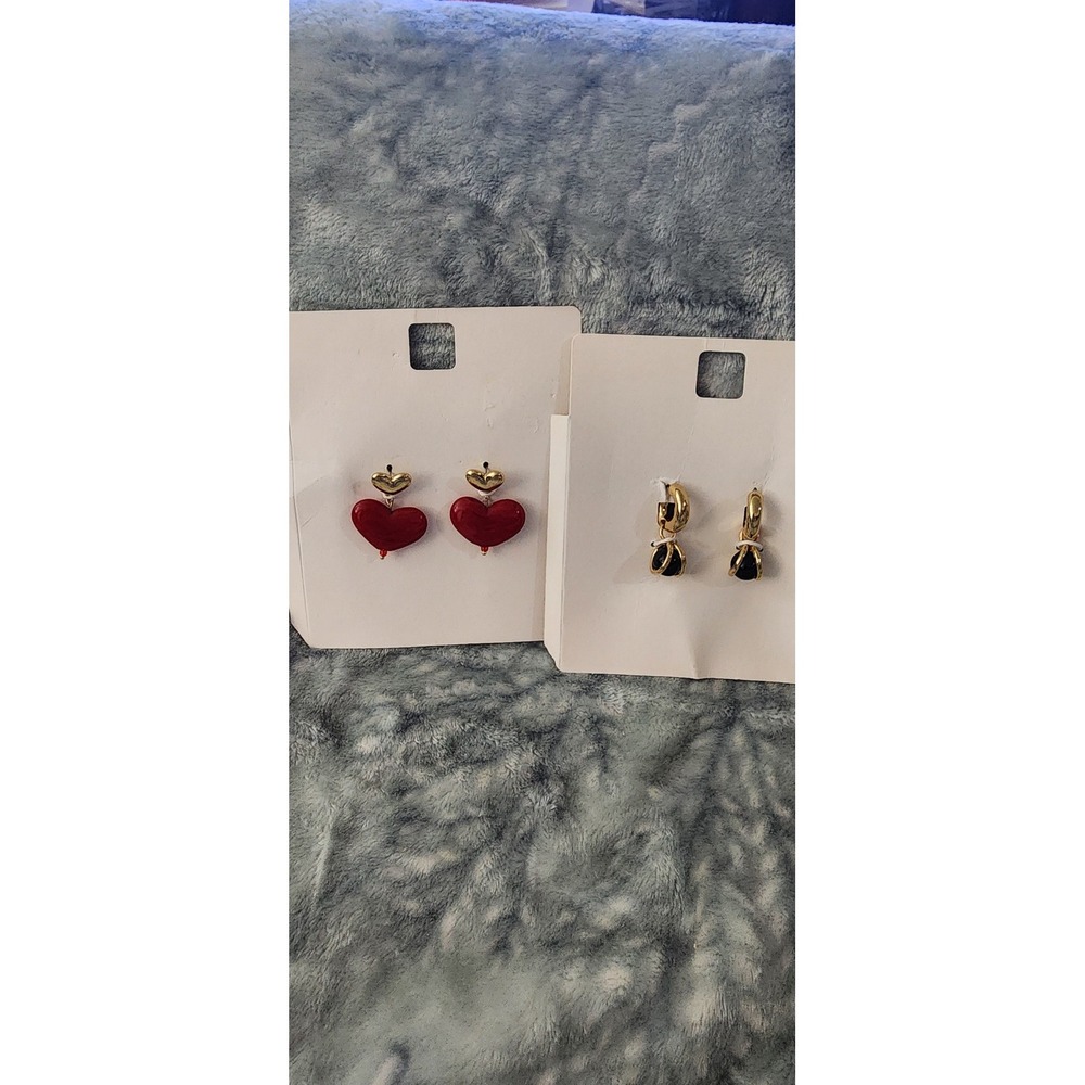 Gold Tone Heart Red Resin & Black Orb Huggie Hoop Earring Set 2 Pairs